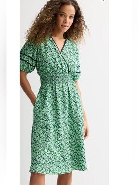 Draper James Green Floral Smocked Midi Dress with V-Neck